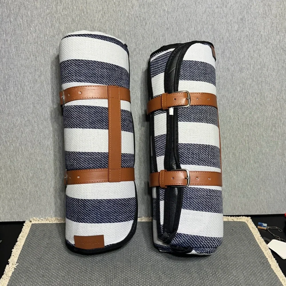 Picnic Pro Outdoor Blanket Set Blue White Stripe Waterproof PEVA Base 2 Pack